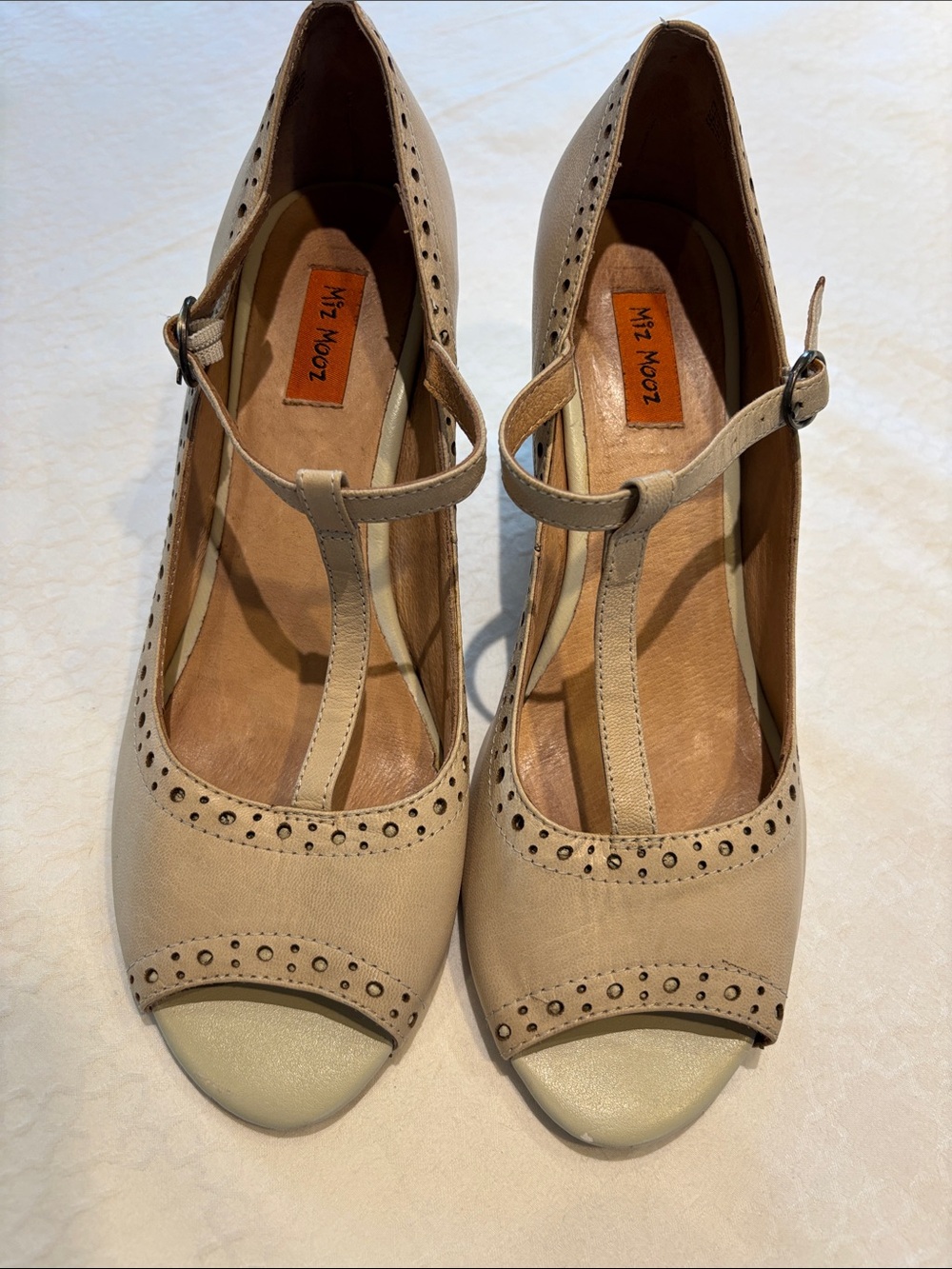 Miz Mooz Neutral Beige T-Strap Perforated Peep-Toe Heels